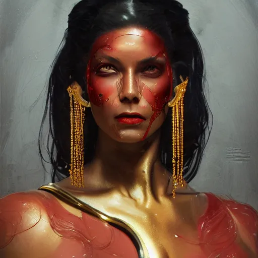 Image similar to detailed oil portrait of tall hyper - muscular shining bronze - skinned warrior woman with silver eyes, with long wavy flowing black hair and big gold earrings, jewelry, red lipstick, makeup, feminine, volumetric lighting, dynamic composition, art by sachin teng and sergey kolesov and ruan jia and heng z, scifi, concept art