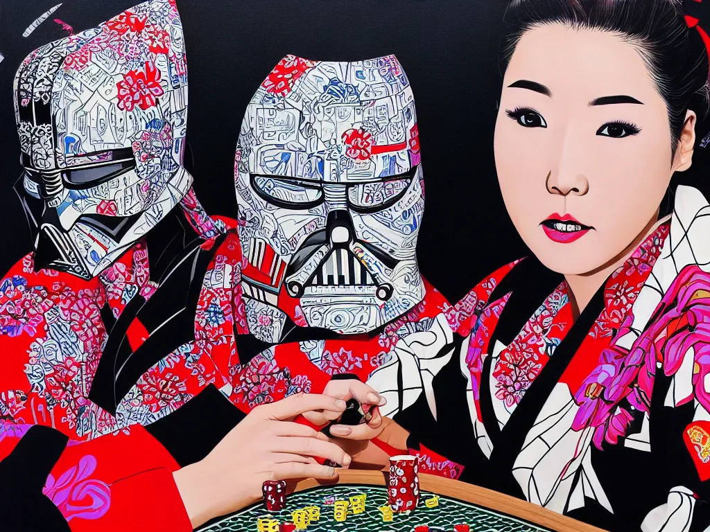 Image similar to hyperrealism composition of the detailed woman in a japanese kimono sitting at an extremely detailed poker table with darth vader, fireworks on the background, pop - art style, jacky tsai style, andy warhol style, acrylic on canvas