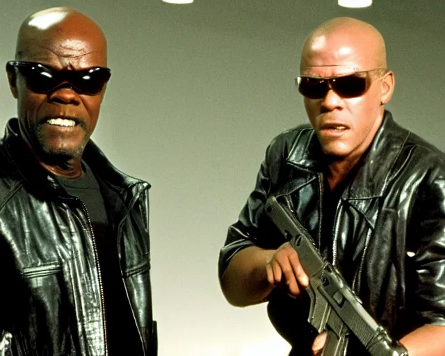 Image similar to Samuel L. Jackson plays Terminator wearing leather jacket and his endoskeleton is visible, epic film