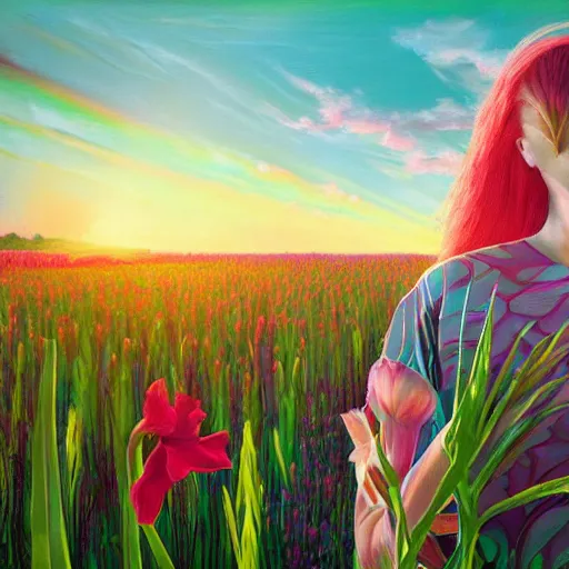 Image similar to giant gladiola flower as head, full body girl standing in a flower field, surreal photography, sunrise, dramatic light, impressionist painting, colorful clouds, digital painting, artstation, simon stalenhag