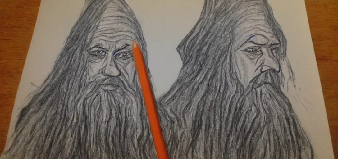 Prompt: Gandalf poorly drawn in wax crayon by a five-year old