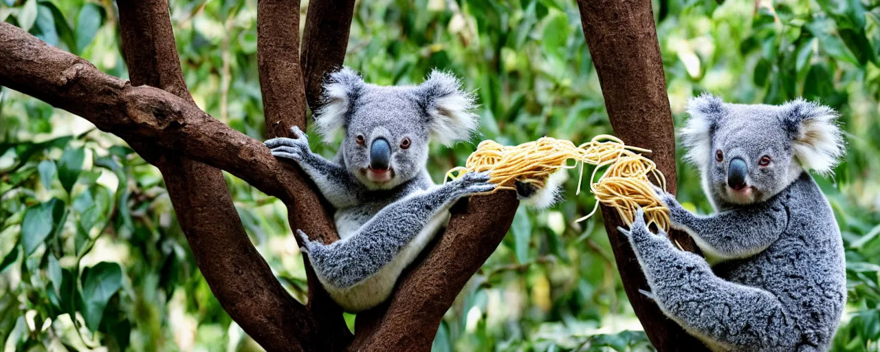 Prompt: 1 koala ( solo ), eating spaghetti from a tree, canon 5 0 mm, film, kodachrome, retro, muted