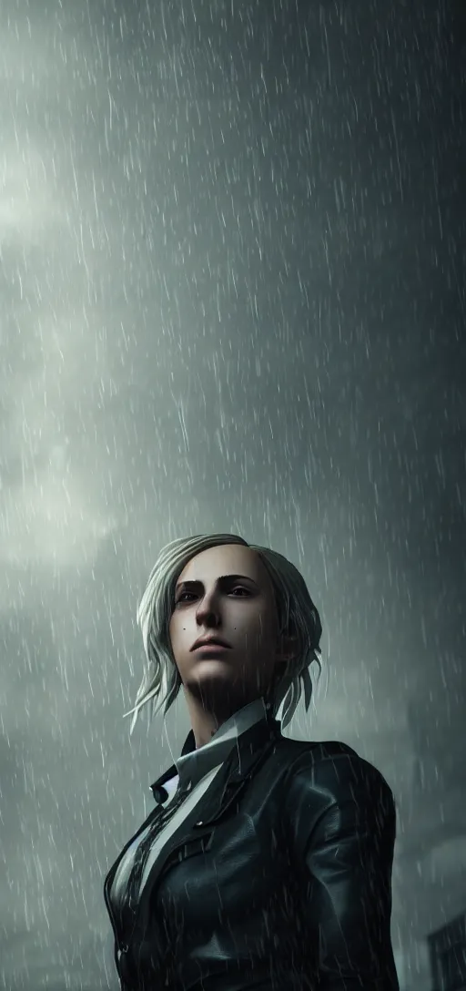 Prompt: portrait shot of annie leonhart in dunwall city, mid air shot, redshift render, beautiful face, detailed face, cinematic lighting, rainy weather, melancholy atmosphere, volumetric light, octane render, dishonored 1, gothic architecture, realistic reflections, octane render 8 k, action shot