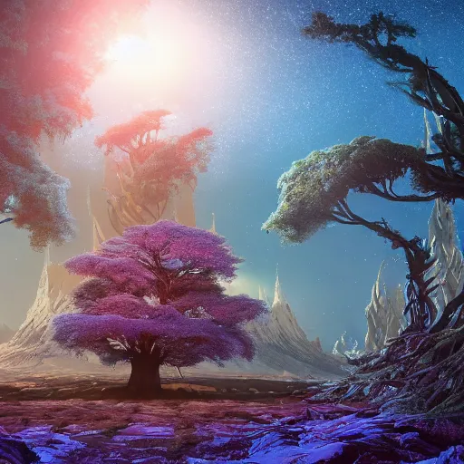 Image similar to matte painting of a beautiful tree with a shining cristals in its center and opulent crystals! at it's base set in an alien landscape, by Pail Lehr and Dan Mumford and Dan Hillier, octane rendered, 8k resolution,