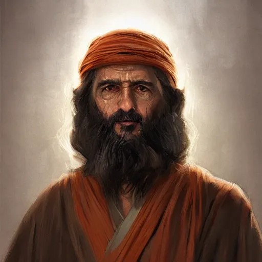 Prompt: portrait of a man by Greg Rutkowski, a Jedi Master in his 60s, Arab features and olive skin, long black hair and beard, wise appearance, orange robes, Star Wars Expanded Universe, he is about 60 years old, highly detailed portrait, digital painting, artstation, concept art, smooth, sharp foccus ilustration, Artstation HQ