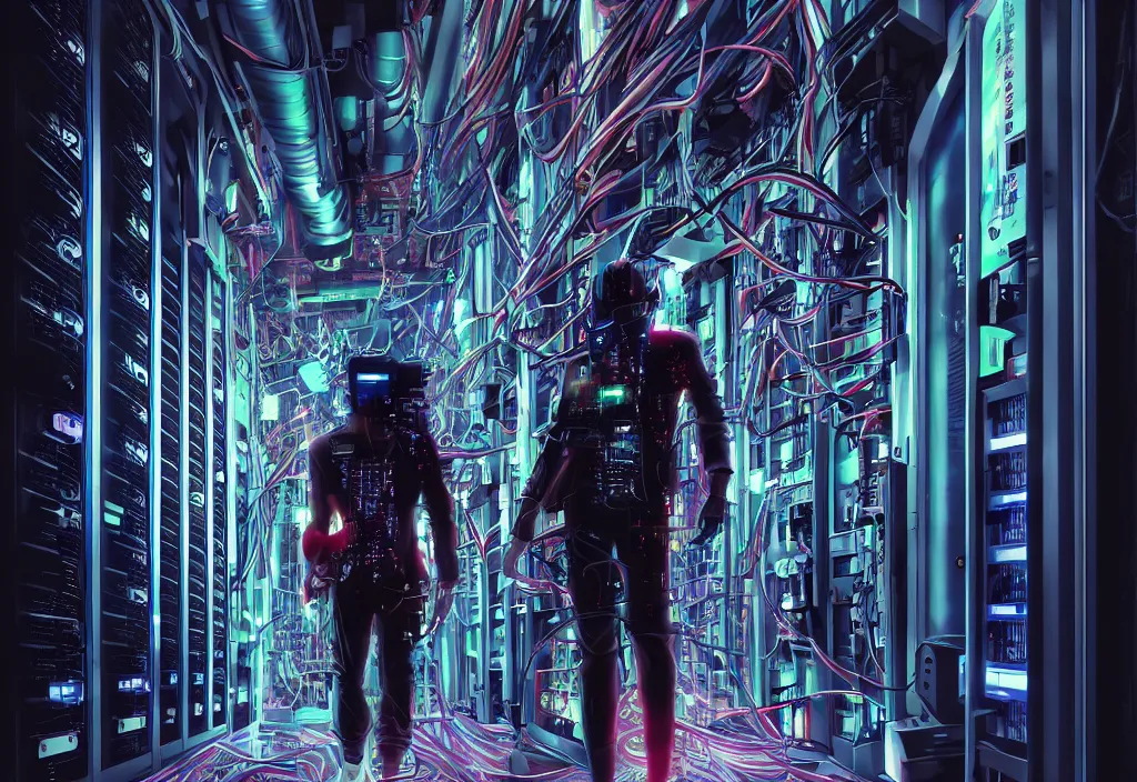 Image similar to art by by yoichi hatakenaka, cyberpunk art by asher brown durand, shot of film cyborg walking in server room in data center, character design, vivid color, extreamly detailed, complementary color, detailed, high quality, correct composision, trending on artstation, volumetric lighting, dramatic lighting