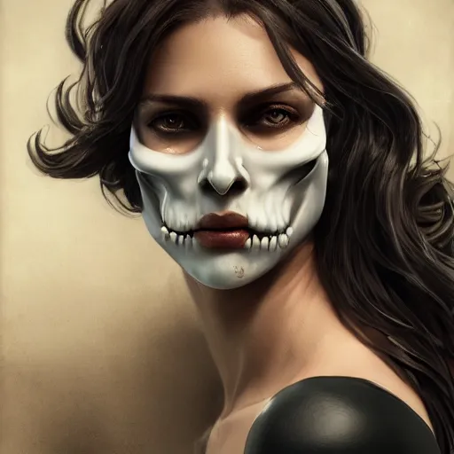 Image similar to epic portrait an woman with a skull face, wet flowing hair, shiny skin, illustration, unreal engine 5, 8 k, made by j. c. leyendecker