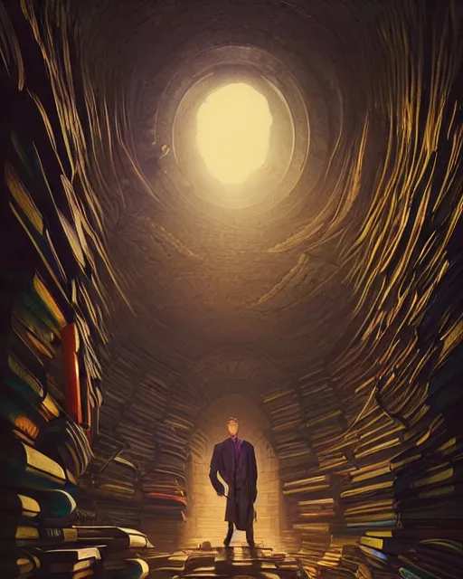 Image similar to highly detailed surreal vfx portrait of a boss monster in a catacomb of books, stephen bliss, unreal engine, greg rutkowski, loish, rhads, beeple, makoto shinkai and lois van baarle, ilya kuvshinov, rossdraws, tom bagshaw, alphonse mucha, global illumination, detailed and intricate environment