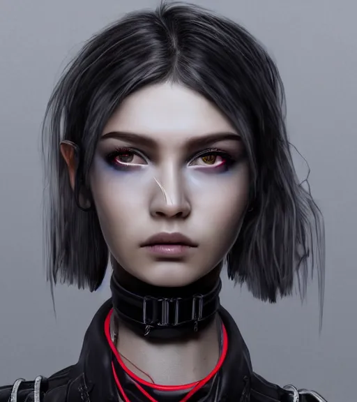 Prompt: detailed realistic female character cyberpunk wearing thick steel collar around neck, realistic, art, beautiful, 4K, collar, choker, collar around neck, punk, artstation, detailed, female, woman, choker, cyberpunk, neon, punk, collar, choker, collar around neck, thick collar, tight around neck, punk, looking straight,