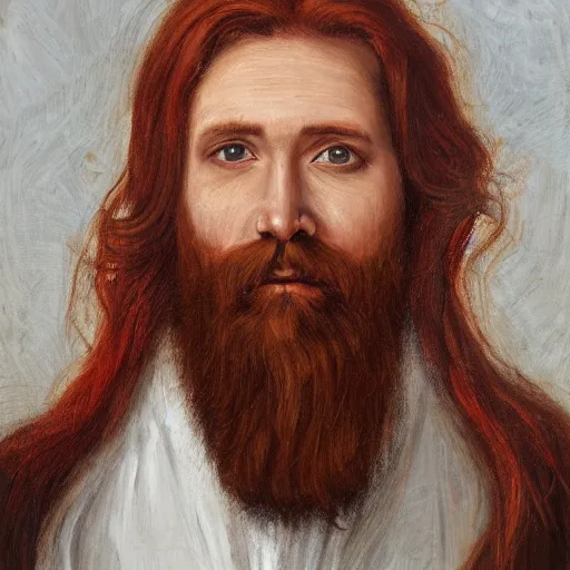 Prompt: Very detailed portrait of a Catholic priest with long red hair, a beard, and brilliant silver eyes. Oil on canvas.