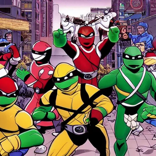 Prompt: power rangers fighting with teenage mutant ninja turtles