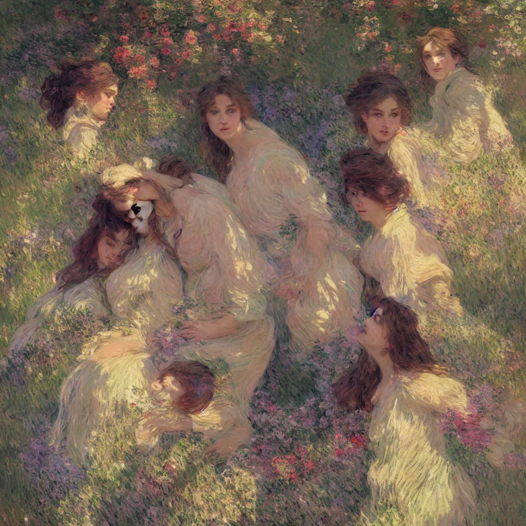 Image similar to illustration studio portrait of three beautiful girl in an artistic pose resting in nature, monet painterly motives and textures pattern, hyper detailed, octane render, vivid colors, artstation, by jeremy mann, by alphonse mucha, by monet