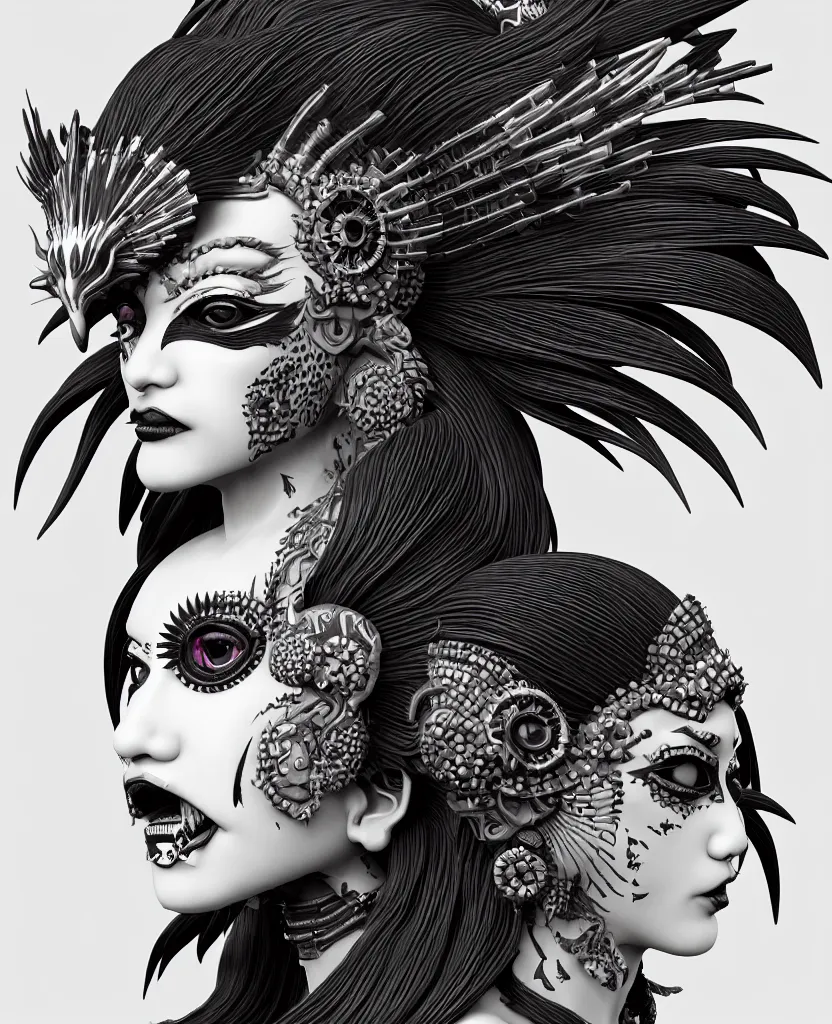 Image similar to 3 d goddess close - up profile portrait punk with mohawk with ram skull. beautiful intricately detailed japanese crow kitsune mask and clasical japanese kimono. betta fish, jellyfish phoenix, bio luminescent, plasma, ice, water, wind, creature, artwork by tooth wu and wlop and beeple and greg rutkowski