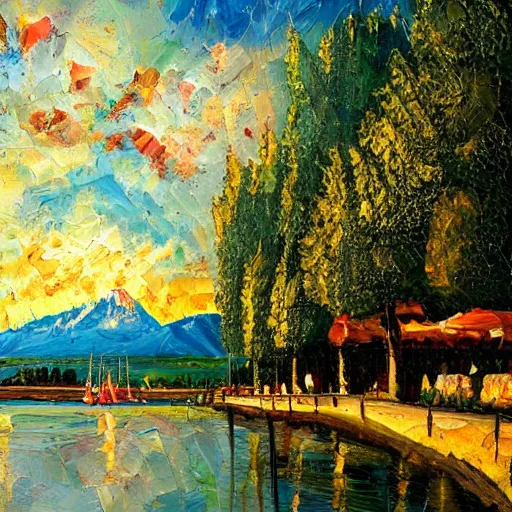 Image similar to a beautiful impasto oil painting of the city of the chiemsee, digital art