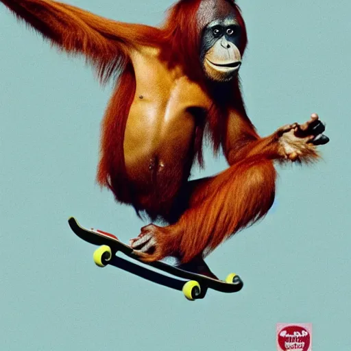 Image similar to an orangutan riding a skateboard on a half pipe, 9 0 s magazine, hype, award winning, highly detailed, high quality, high resolution