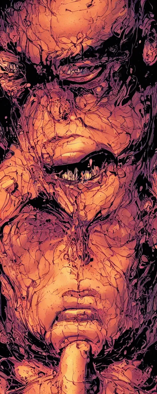 Image similar to closeup of face melting in agony, inside dark oil, frontal picture, by masamune shirow, josan gonzales and dan mumford