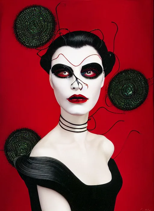 Image similar to an 8 0 s portrait of a woman with dark eye - shadow and red lips with dark slicked back hair, a high fashion mask made of wire and beads, dreaming acid - fueled hallucinations, psychedelic by serge lutens, rolf armstrong, delphin enjolras, peter elson, red cloth background, frilled blooming collar, alexander mcqueen