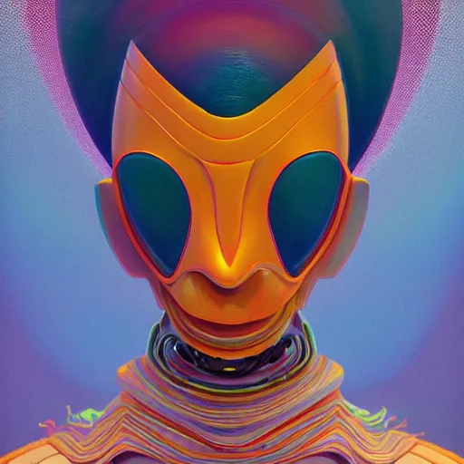 Image similar to colourful breathtakingly weird beautiful powerful magical wonderfully majestic beautifully cool character closeup by michael whelan, moebius, beeple, dan mcpharlin, pascal blanche, jamie hewlett, richard dadd, symmetrical, extreme close up with a serene expression, 8 k artstation