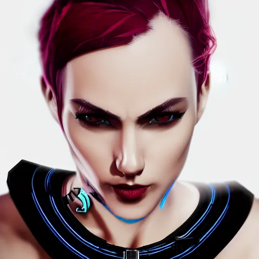 Image similar to headshot portrait of cyberpunk woman wearing thick steel choker around neck, 4K, detailed face, collar on neck, realistic, artstation, neon,