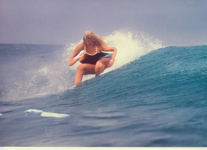 Image similar to color photo of a shark fin in water. surfergirl riding a big wave in the 8 0's