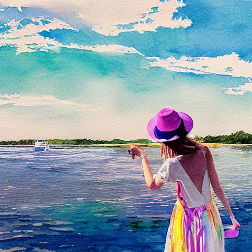 Prompt: a woman with a white dress and a white hat in a colorful boat in the middle of a river, watercolor, clouds, daylight, blue sky