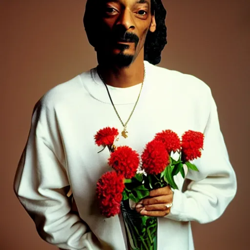 Prompt: Snoop Dogg holding a Vase of flowers for a 1990s sitcom tv show, Studio Photograph, split lighting, portrait, C 12.0