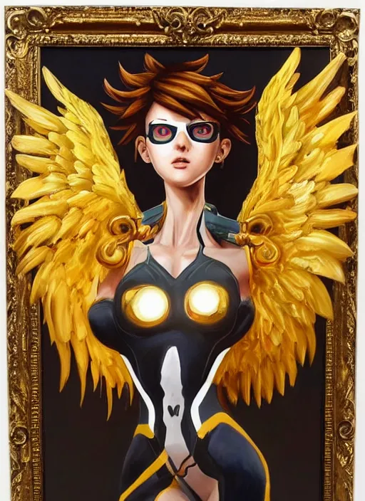 Image similar to full body oil painting of tracer overwatch in the style of jean deville, angel wings, angelic golden armor, dramatic painting, symmetrical composition, ornate, high detail, gold detailed collar!!!!!, blooming, lights, flowers, detailed face,