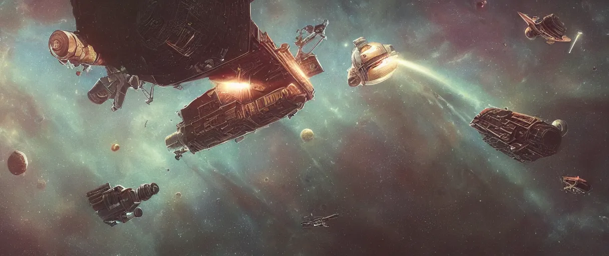Image similar to tiny spaceship!!, deep space exploration!!!, flying, ridley scott universe, industrial design, the final frontier, illustrative!!, punk, space pirate, painterly, hyperdetailed, hyperrealistic, utilitarian cargo ship, cinematic lighting, 4k, wide angle, beksinski, (neon colors)