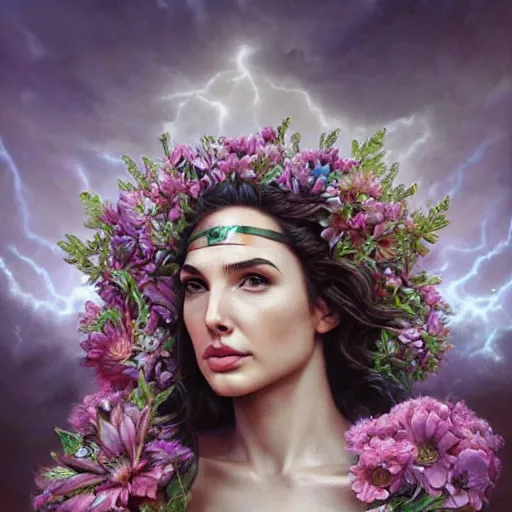 Prompt: fine art, long shot photo of the beauty goddess gal gadot, she has a crown of mesmerizing flowers, she is arriving heaven, background full of stormy clouds, by peter mohrbacher