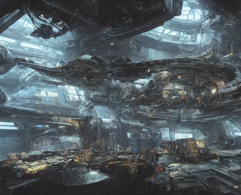 Prompt: the inside of a futuristic mechanic spaceshop, spaceship being repaired, highly detailed interior, holographic screen in center frame by peter mohrbacher and craig mullins, dieselpunk, cyberpunk, firefly, star citizen, unreal engine, extreme detail, hyper realism, realistic shading, cinematic composition, realistic render, octane render, detailed textures, photorealistic