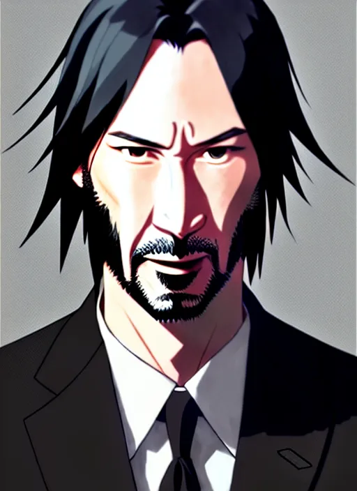 Image similar to anime portrait of keanu reeves as a handsome man, wearing black suit and bowing down, ilya kuvshinov, anime, deroo, pixiv top monthly, trending on artstation, cinematic, danbooru, zerochan art, kyoto animation