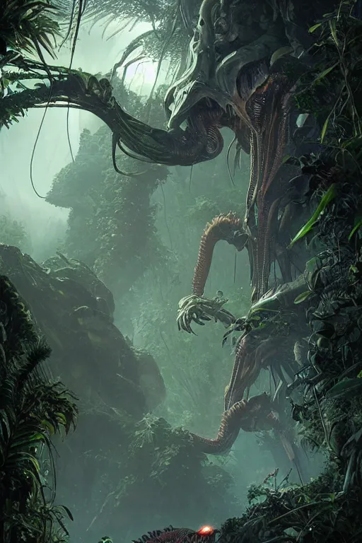 Image similar to giant alien queen in the Jungle, lovecraftian creature, dramatic lighting, cinematic, establishing shot, extremly high detail, foto realistic, cinematic lighting, post processed, concept art, artstation, matte painting, style by eddie mendoza, raphael lacoste, alex ross