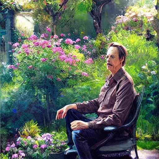 Image similar to steve buscemi sitting in a lovely garden. beautiful painting by raymond swanland, beautiful detailed face.