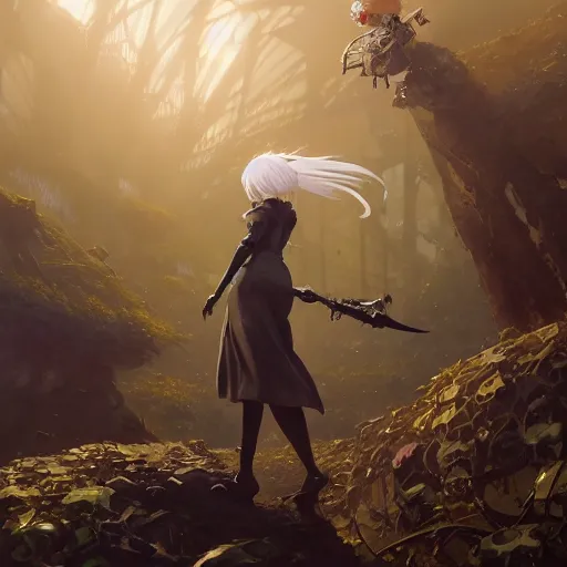 Image similar to highly detailed painting of 2 b nier automata, stephen bliss, 8 k, unreal engine, by greg rutkowski, loish, rhads, artgerm, ferdinand knab, makoto shinkai and lois van baarle, ilya kuvshinov, rossdraws, tom bagshaw, global illumination, radiant light, detailed and intricate environment