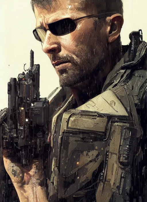 Prompt: cyberpunk military character jitters ( blade runner 2 0 4 9, dystopian, cyberpunk 2 0 7 7 character design ), modern warfare, attractive face. portrait by james gurney and laurie greasley and yoji shinkawa, oil on canvas. cinematic composition, hyper realism, realistic proportions, anatomy, dramatic lighting, photorealistic, high detail, 4 k