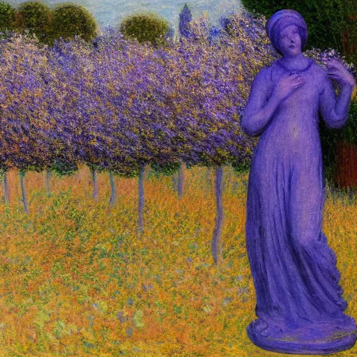 Prompt: deep purple artificial, cosy by fra angelico, by claude monet. a beautiful sculpture depicting a farm scene. the sculpture shows a view of an orchard with trees in bloom.