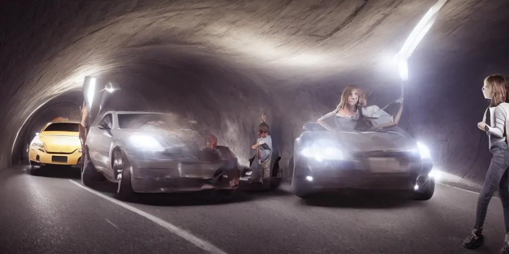 Prompt: a car driving through a tunnel at night, there's a girl standing on the car and two boys are driving the car, strobe light, realistic, 8 k