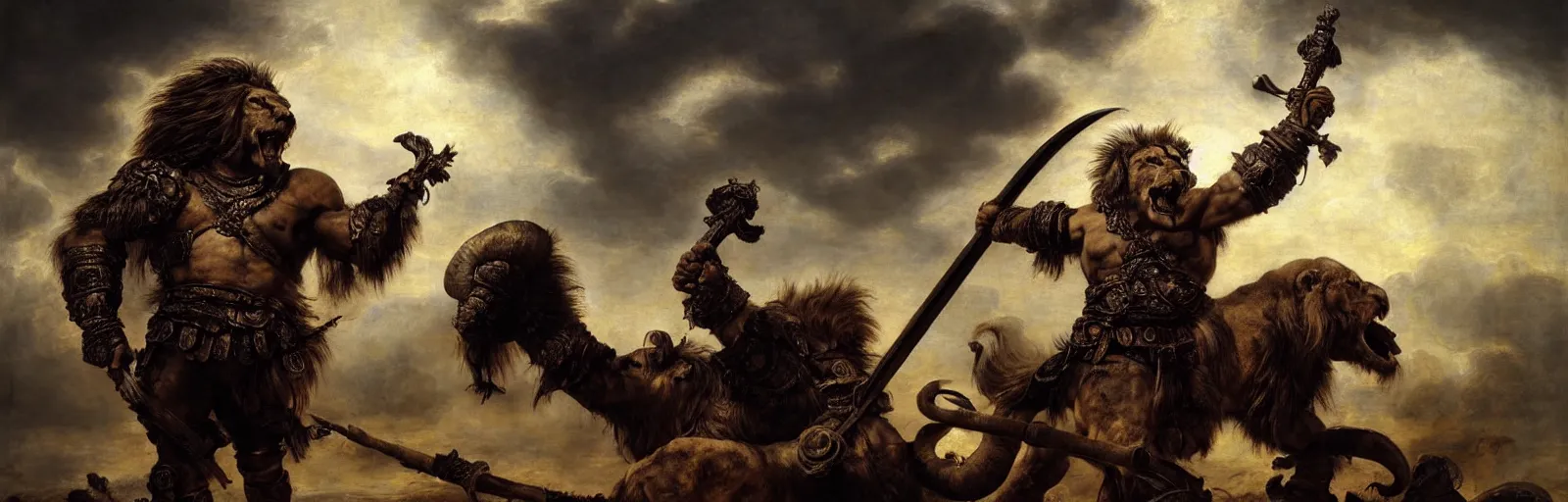 Prompt: oversized muscular lion as barbarian with chest armor and sword in epic battle pose standing on dead elephant skeleton, very textured detailed oil painting panoramic backlight portrait by rembrandt, backlight, dramatic clouds ,sunset