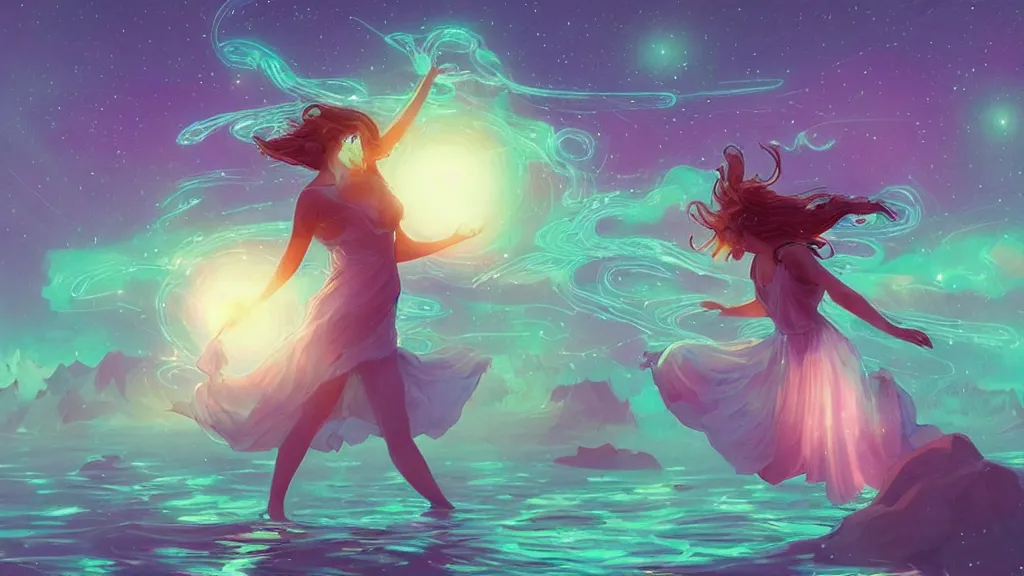 Prompt: a beautiful whimsical goddess floating above a lake basking in the moonlight, casting a spell, underneath a multi-colored binary blackhole with an accretion disc, glowing trails following her arms, acidwave, by Lois van Baarle, by Greg Rutkowski, by artgerm, by beeple, by studio ghibli, cinematic angle, volumetric lighting, 4k resolution, octane render, trending on artstation, masterpiece