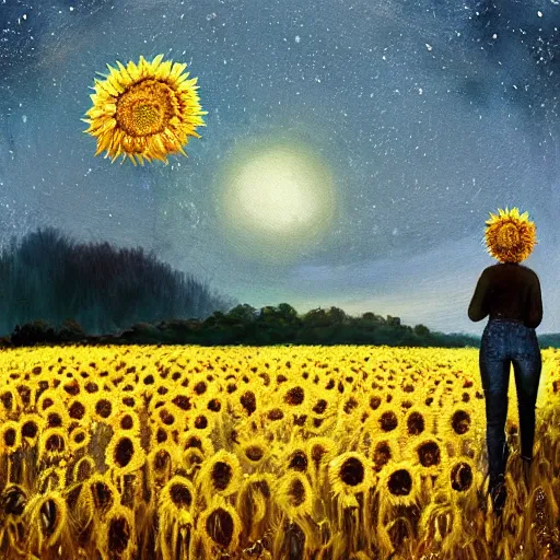 Image similar to huge sunflower head, girl walking in wheat field, hills, surreal photography, dark night, star trails, dramatic light, impressionist painting, clouds, digital painting, artstation, simon stalenhag