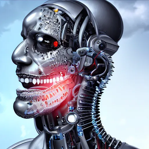 Image similar to a cyborg with hyperdontia, 4k, ultrarealistic digital art