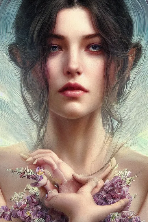 Image similar to ultra realistic illustration, beautiful feminine orchid, close up shot, cyberpunk, sci-fi, fantasy, intricate, elegant, highly detailed, digital painting, artstation, concept art, smooth, sharp focus, illustration, art by artgerm and greg rutkowski and alphonse mucha, rene magritte, surrealism