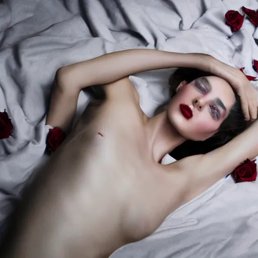 Image similar to a fashion photo of a beautiful model, a bed of roses, by ted gibson, jen atkin, tom eerebout, elizabeth saltzman, peter lindbergh, tim walker, symmetry, full face, studio lighting, dlsr,