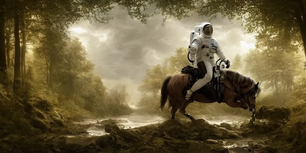 Image similar to an astronaut riding on the back of a white horse through a forest, crossing a river on a bridge, a detailed matte painting by frieke janssens, featured on cgsociety, fantasy art, matte painting, reimagined by industrial light and magic, matte drawing