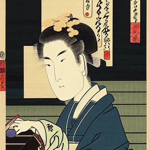 Image similar to beautiful portrait ukiyo - e painting of a computer by kano hideyori, kano tan'yu, kaigetsudo ando, miyagawa choshun, okumura masanobu, kitagawa utamaro