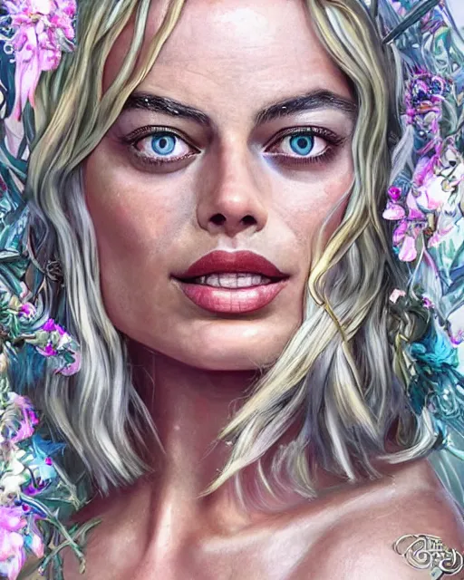 Prompt: Margot robbie as a beautiful tattooed female maid wearing a magical bikini in a magical forest, highly detailed face, realistic face, beautiful detailed eyes with a piercing gaze, fantasy art, in the style of artgerm, illustration, epic, fantasy, intricate, hyper detailed, artstation, concept art, smooth, sharp focus, ray tracing, vibrant, photorealistic