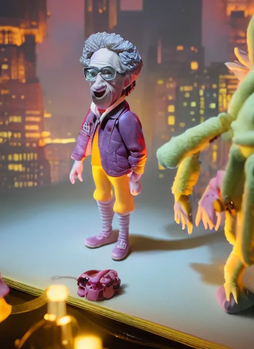 Image similar to product photography of a claymation action figure fluffy neon oled steve buscemi, depth of field, zeiss lens, detailed, centered, by erwin olaf, joop geesink, wes anderson, breathtaking, 8 k resolution, extremely detailed, beautiful, establishing shot, realistic materials, hyperrealistic