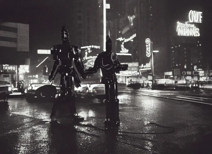 Image similar to a kodachrome photo of a tall huge metallic cyborg droid with glowing lights and sparks and lightning flying from inside, running sprinting on a rainy night in the city in the 1 9 5 0's, dramatic, seen from a distance, canon 5 0 mm, cinematic lighting, film, photography, award - winning, neon, cyberpunk, blade runner