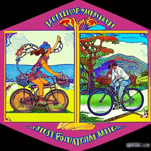 Image similar to hoffman bicycle trip, blotter art, in the style of robert crumb and lisa frank, studio ghibli, mucha, art nuevo, art deco, beautiful nature, serenity, cartoon