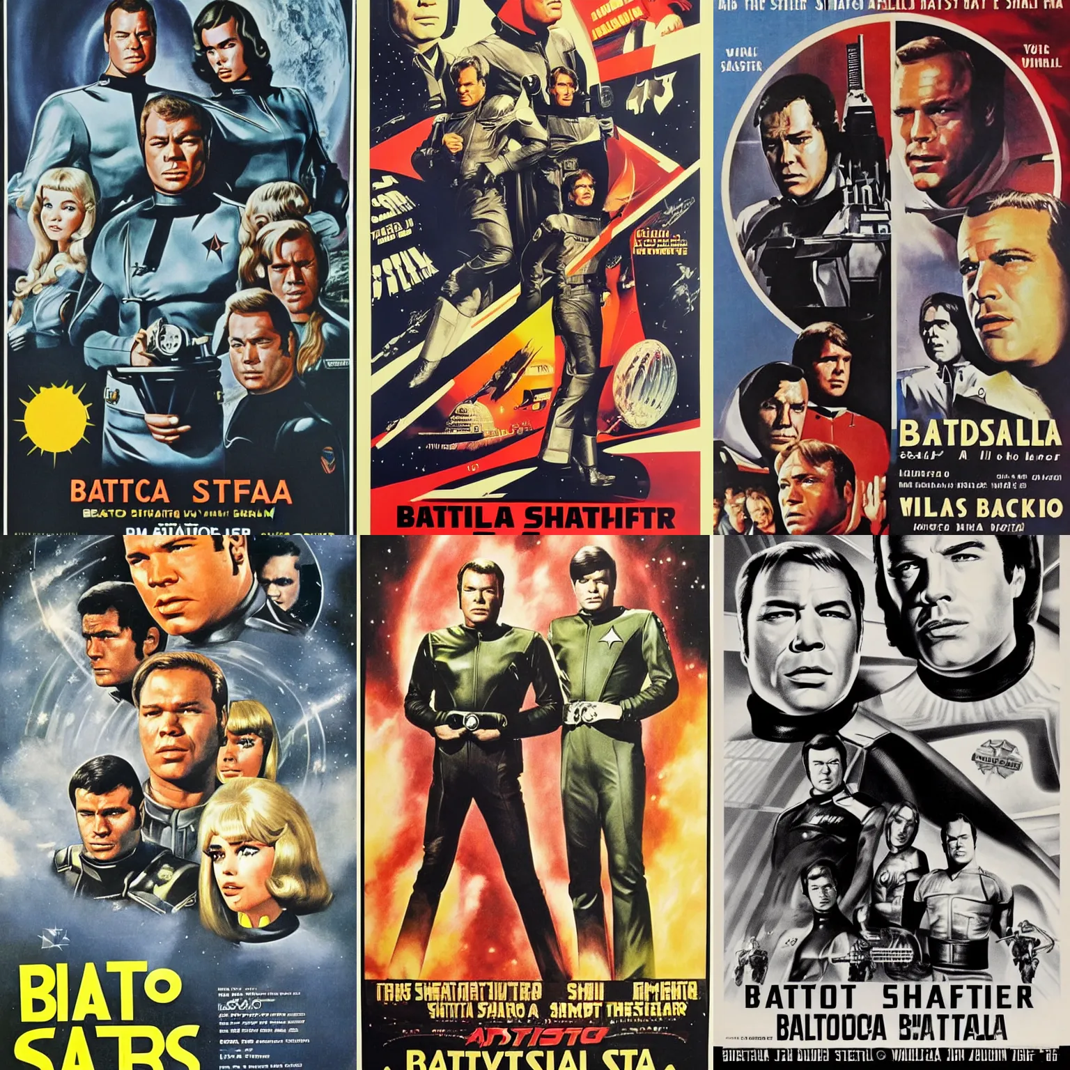 Prompt: a poster of battlestar galactica from 1 9 6 6, starring william shatner and marlon brando